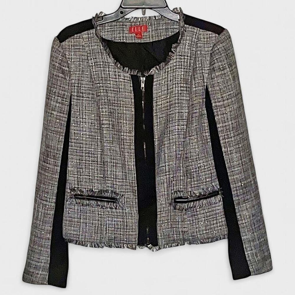 ELLE Vintage Black Gray Business Casual Tweed Blazer - Size M
